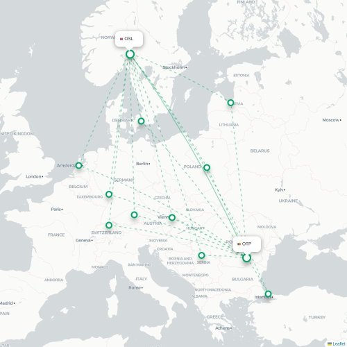 Mapa de vuelo directo Bucarest - Oslo