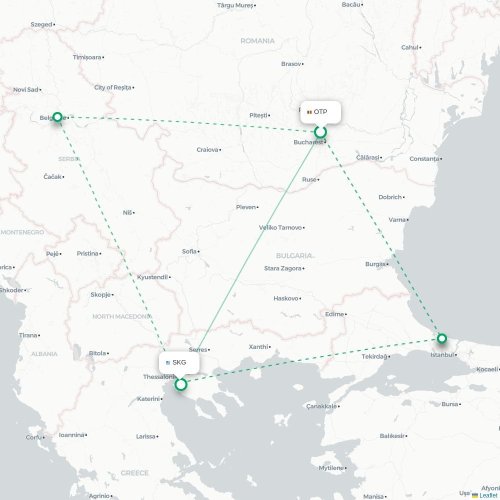 Mapa de vuelo directo Bucarest - Salónica