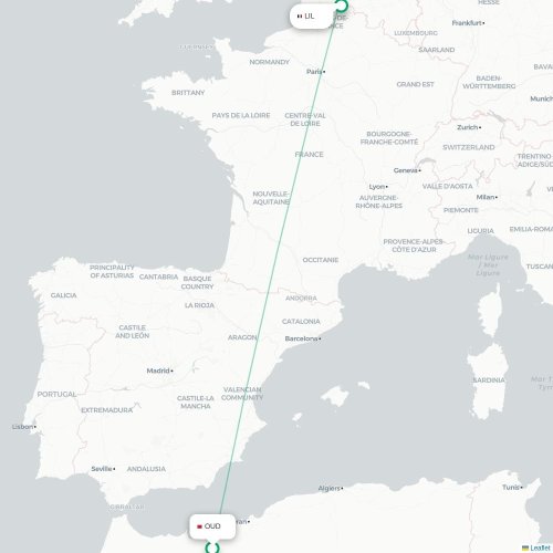 Mapa de vuelo directo Oujda - Lille