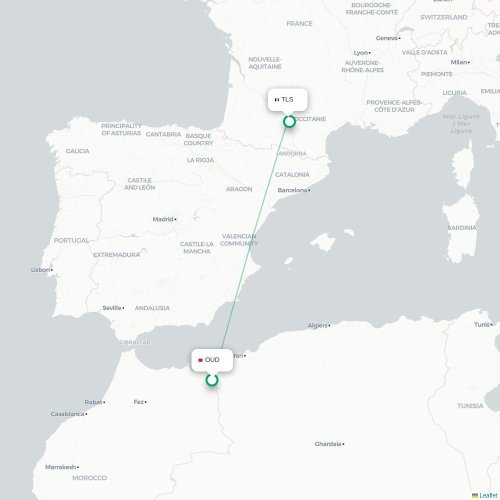 Mapa de vuelo directo Oujda - Toulouse