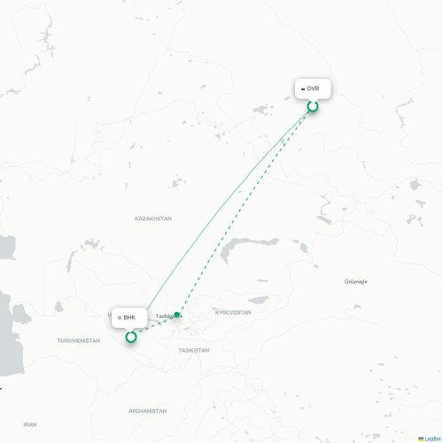 Mapa de vuelo directo Novosibirsk - Bujará