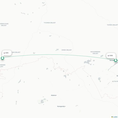 Mapa de vuelo directo Novosibirsk - Cheliábinsk