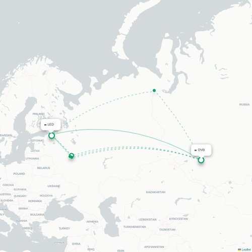 Mapa de vuelo directo Novosibirsk - San Petersburgo