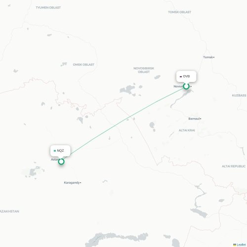 Mapa de vuelo directo Novosibirsk - Astana