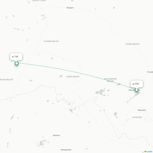Mapa de vuelo directo Novosibirsk - Tyumen