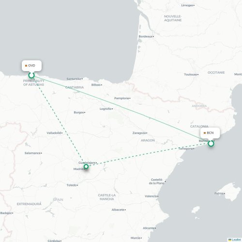 Mapa de vuelo directo Oviedo - Barcelona