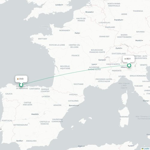 Mapa de vuelo directo Oviedo - Bérgamo