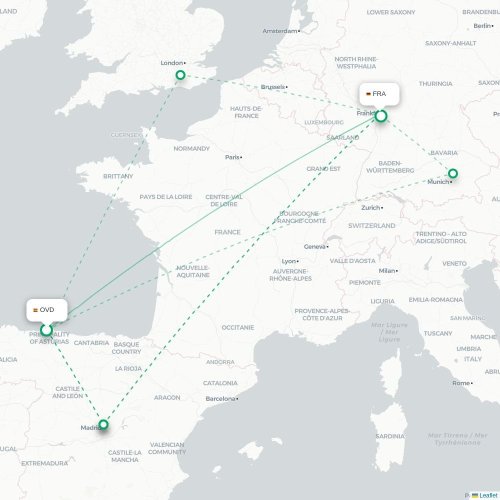 Mapa de vuelo directo Oviedo - Fráncfort