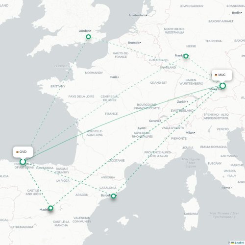 Mapa de vuelo directo Oviedo - Múnich
