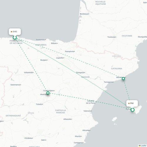 Mapa de vuelo directo Oviedo - Palma