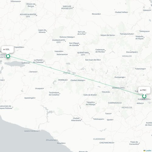 Mapa de vuelo directo Puebla de Zaragoza - Guadalajara