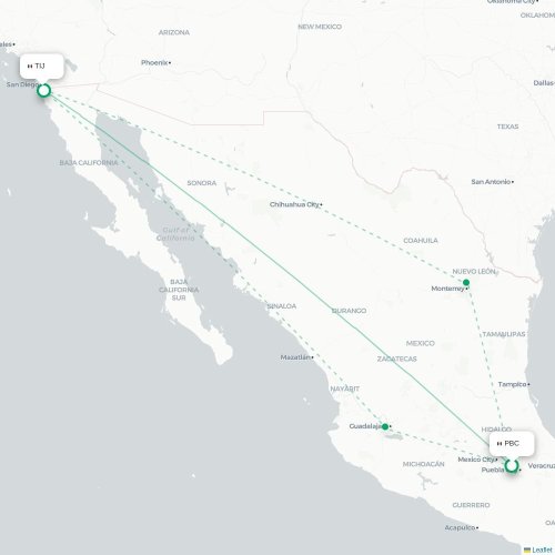 Mapa de vuelo directo Puebla de Zaragoza - Tijuana