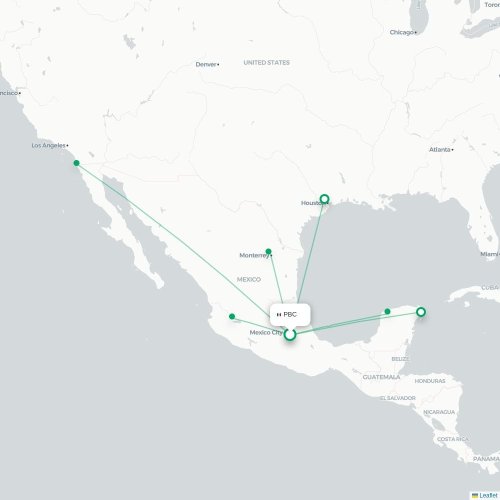Mapa de vuelo directo Puebla de Zaragoza - Monterrey