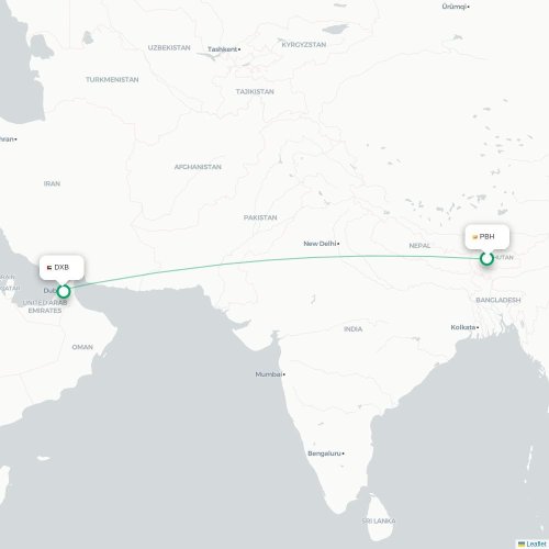 Mapa lotu bezpośredniego Paro – Dubaj