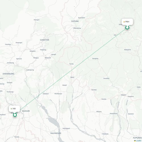 Mapa lotu bezpośredniego Paro – Bagdogra