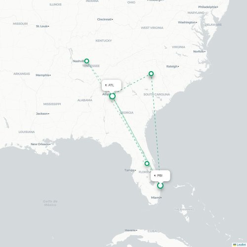 Mapa de vuelo directo West Palm Beach - Atlanta