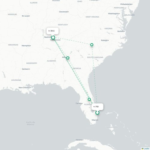 Mapa de vuelo directo West Palm Beach - Nashville