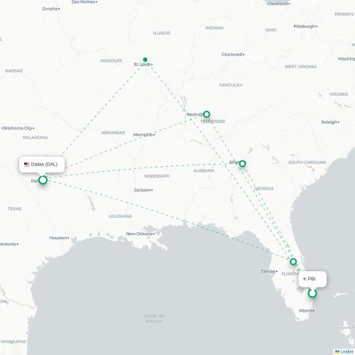 Mapa de vuelo directo West Palm Beach - Dallas