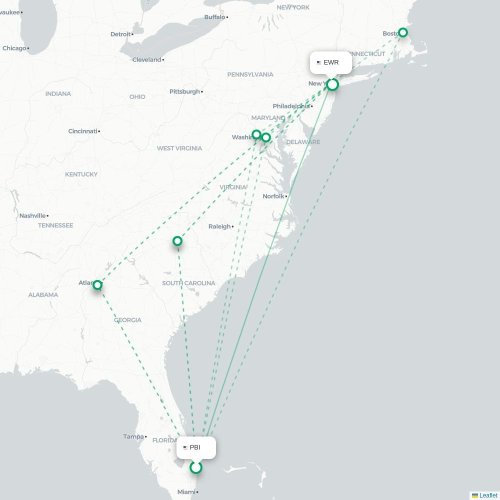 Mapa de vuelo directo West Palm Beach - Newark