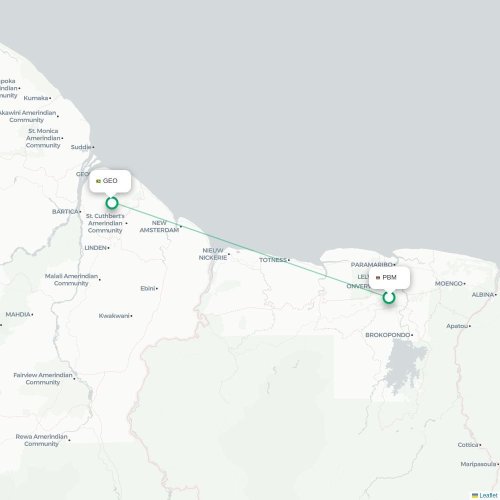 Mapa de vuelo directo Paramaribo - Georgetown