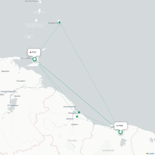 Mapa de vuelo directo Paramaribo - Puerto España