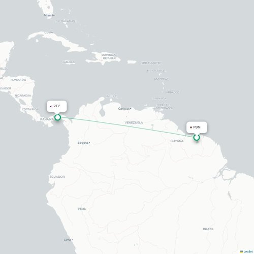 Mapa de vuelo directo Paramaribo - Ciudad de Panamá