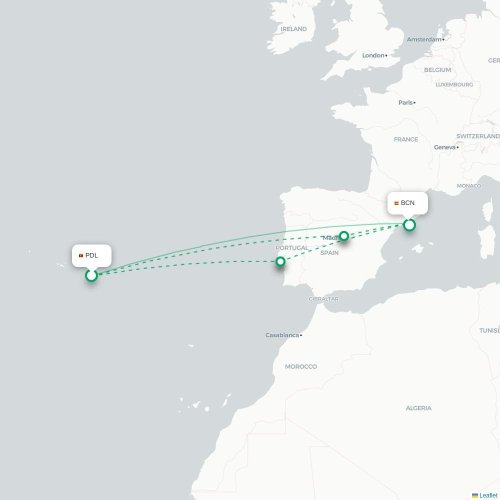 Mapa de vuelo directo Ponta Delgada - Barcelona