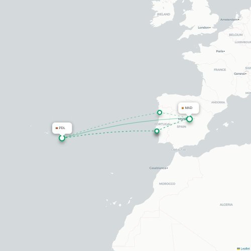 Mapa de vuelo directo Ponta Delgada - Madrid