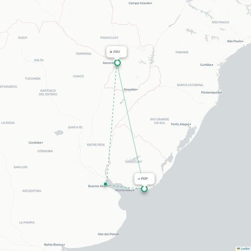 Mapa lotu bezpośredniego Punta del Este – Asunción