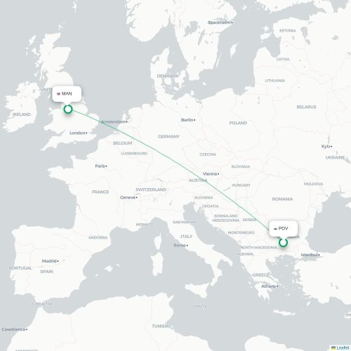 Mapa lotu bezpośredniego Płowdiw – Manchester