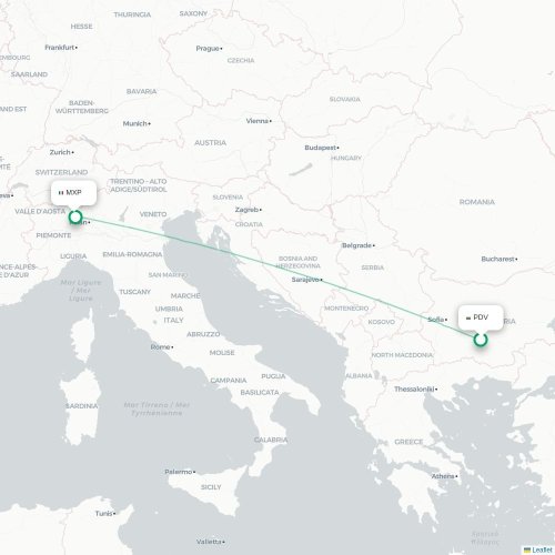 Mapa lotu bezpośredniego Płowdiw – Mediolan