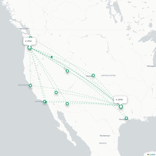 Mapa de vuelo directo Portland - Dallas