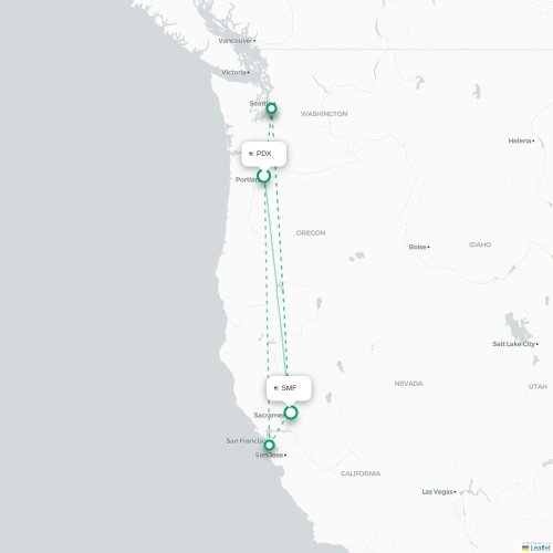 Mapa de vuelo directo Portland - Sacramento