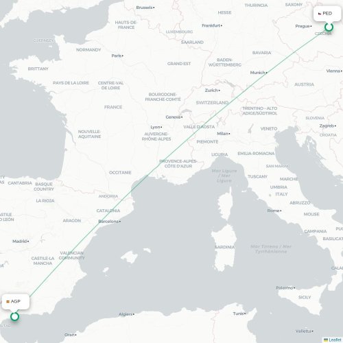 Mapa lotu bezpośredniego Pardubice – Malaga