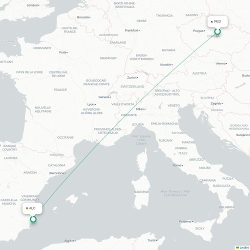 Mapa lotu bezpośredniego Pardubice – Alicante