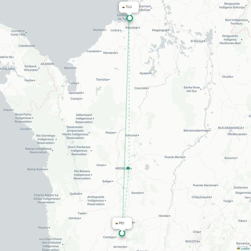 Mapa de vuelo directo Pereira - Tolú