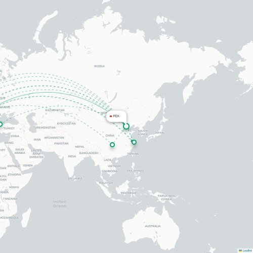 Mapa de vuelo directo Pekín - Budapest
