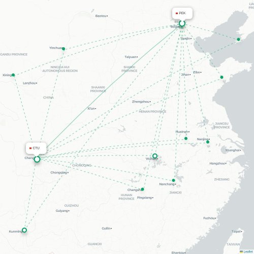 Mapa lotu bezpośredniego Pekin – Chengdu