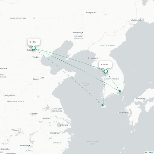 Mapa lotu bezpośredniego Pekin – Seul