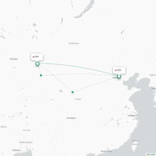 Mapa lotu bezpośredniego Pekin – Hami