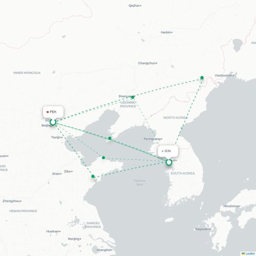Mapa lotu bezpośredniego Pekin – Inczhon