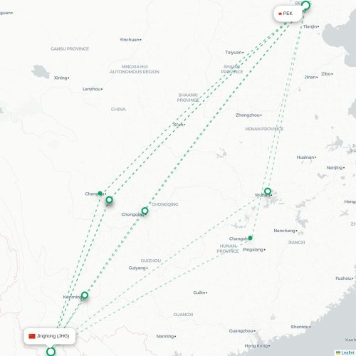 Mapa lotu bezpośredniego Pekin – Xishuangbanna