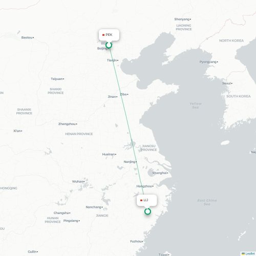 Mapa lotu bezpośredniego Pekin – Lishui