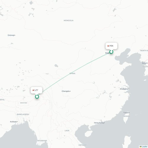 Mapa lotu bezpośredniego Pekin – Nyingchi