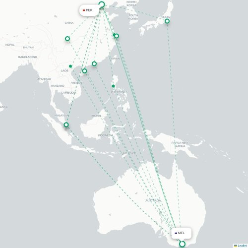 Mapa lotu bezpośredniego Pekin – Melbourne