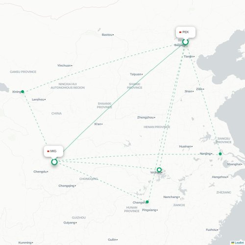 Mapa lotu bezpośredniego Pekin – Mianyang