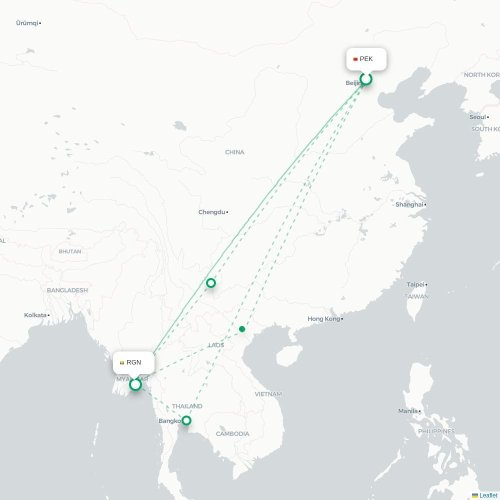 Mapa de vuelo directo Pekín - Rangún