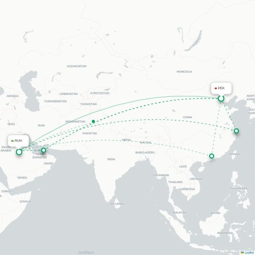 Mapa de vuelo directo Pekín - Riad