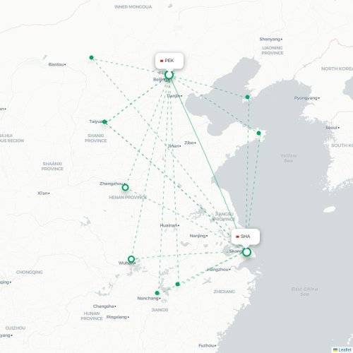 Mapa lotu bezpośredniego Pekin – Szanghaj
