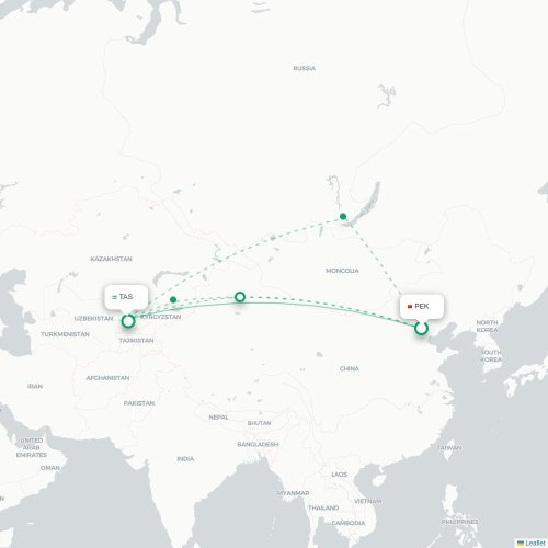 Peking - Tasjkent kaart van rechtstreekse vlucht